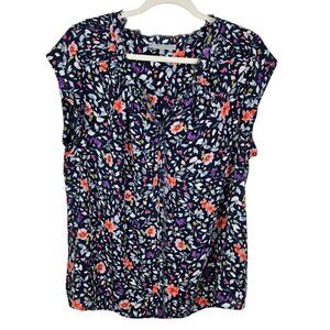 Danielrainn Navy Blue Spring Floral Split Neck Raw Hem Blouse Size 2XL